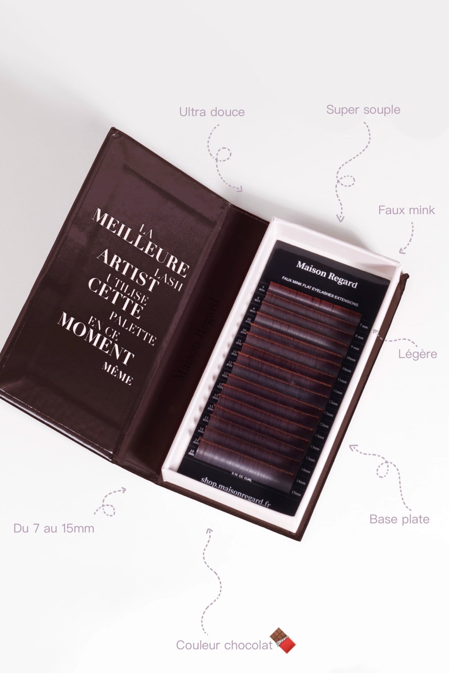 Boîte d'Extensions de cils - Cil à cil - Flat base 0.15 - Brun chocolat - base plate - naturel classique
